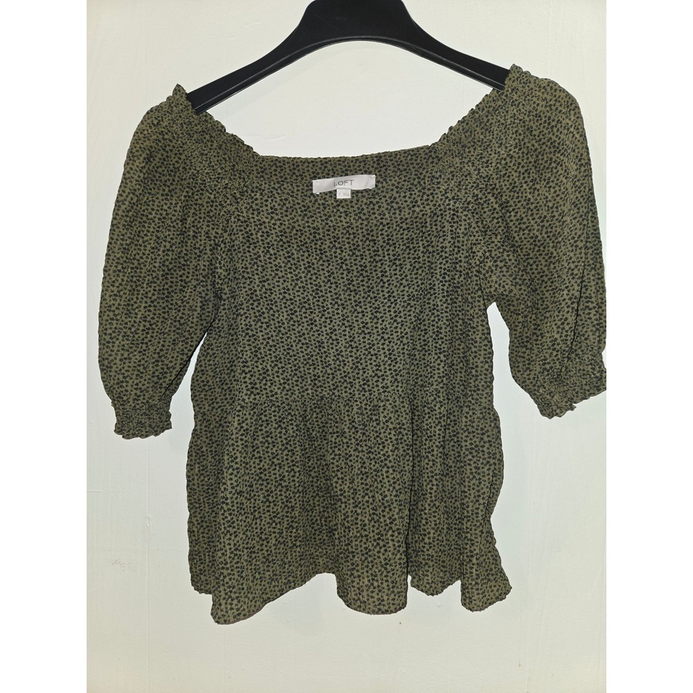 LOFT Womens Olive Green Black Micro Print Puff Sleeve Peplum Blouse Small